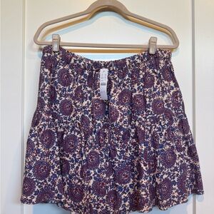 Floral Paisley Print Linen Skirt - Blue, Red & White - Size Large